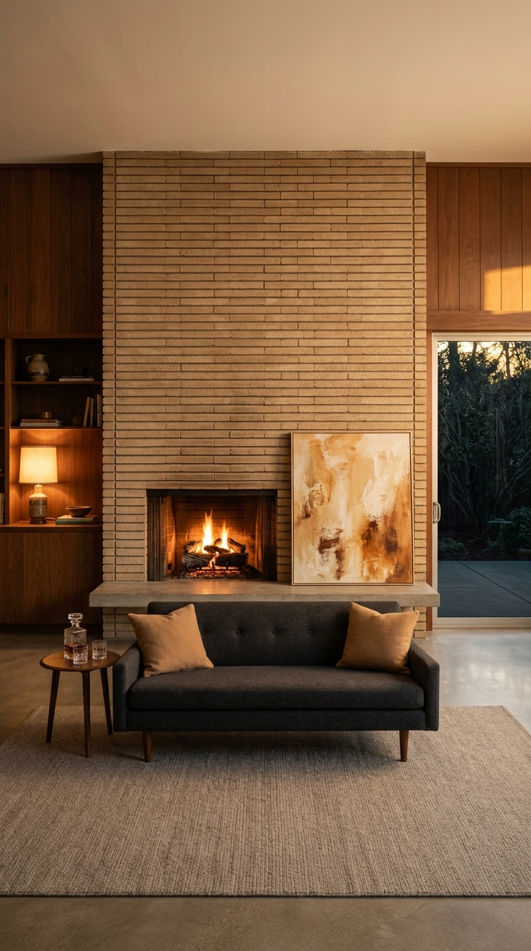 Floor-to-ceiling Roman brick fireplace with a cantilevered hearth in a mid century ranch living room