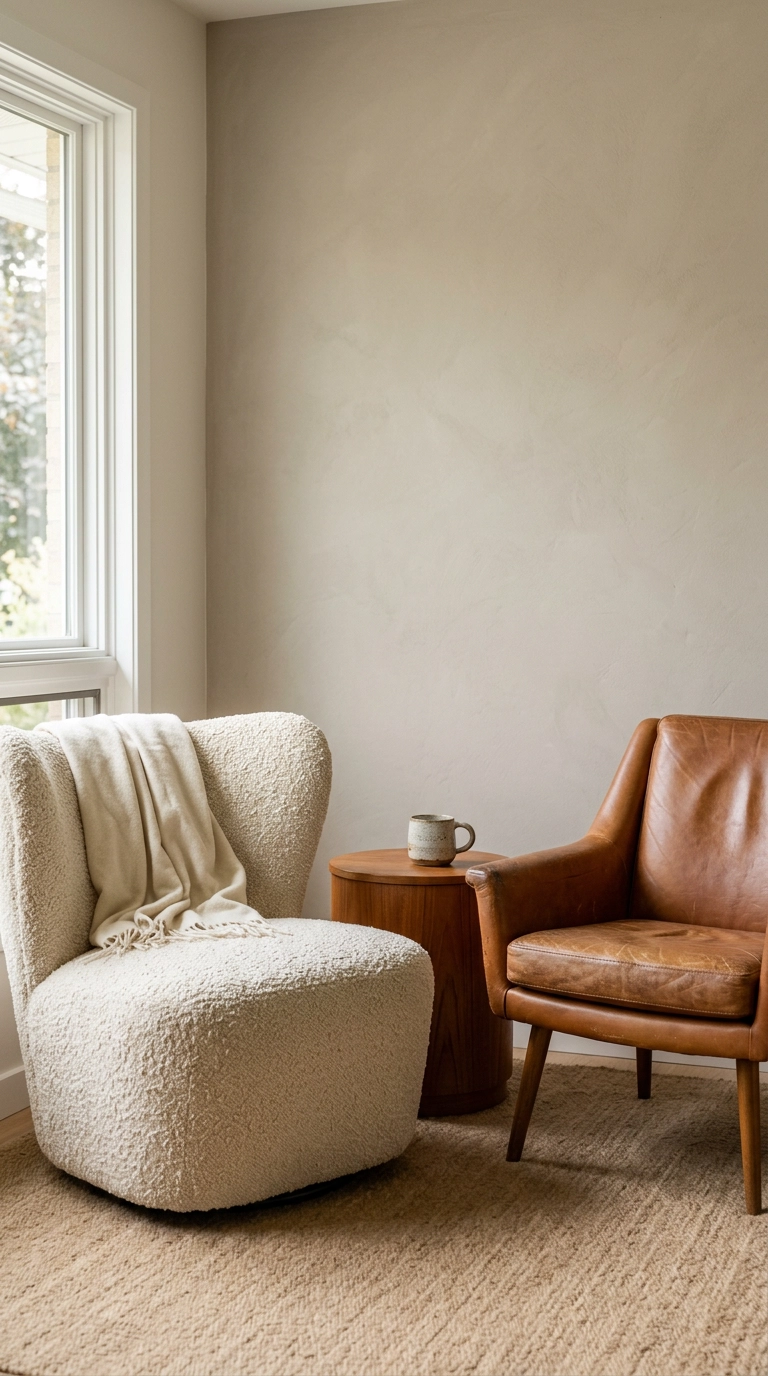 Cream bouclé chair beside a cognac leather chair with a small teak drum table between them