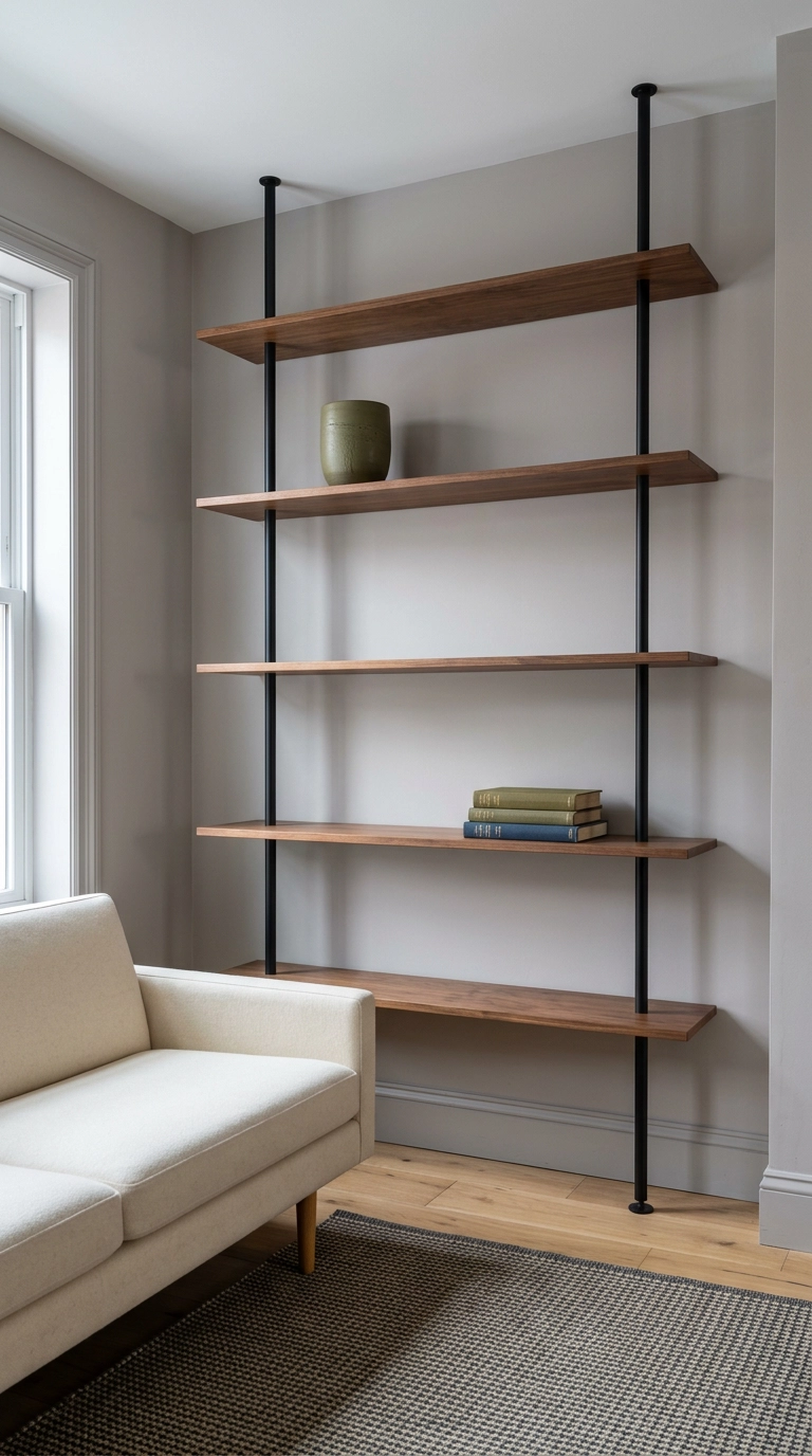 Wall-mounted walnut shelving on black steel uprights above a cream sofa in a narrow living room