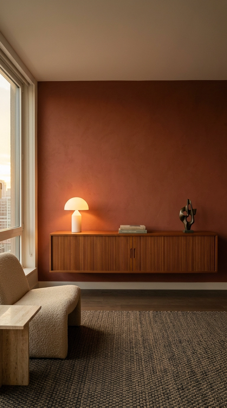 Floating teak credenza with tambour sliding doors on a terracotta wall in a mid century modern living room