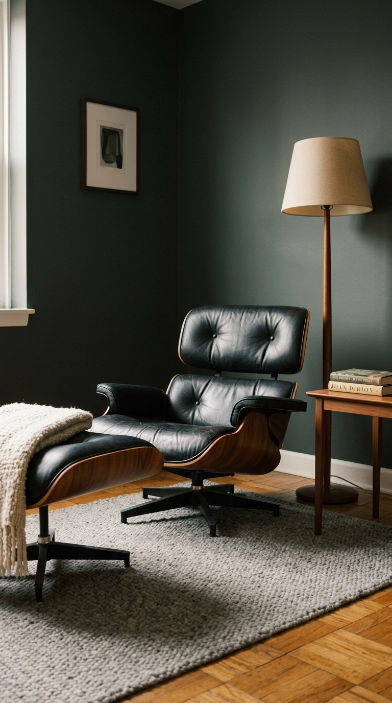 Molded plywood lounge chair with black leather cushions and matching ottoman in a dark green corner