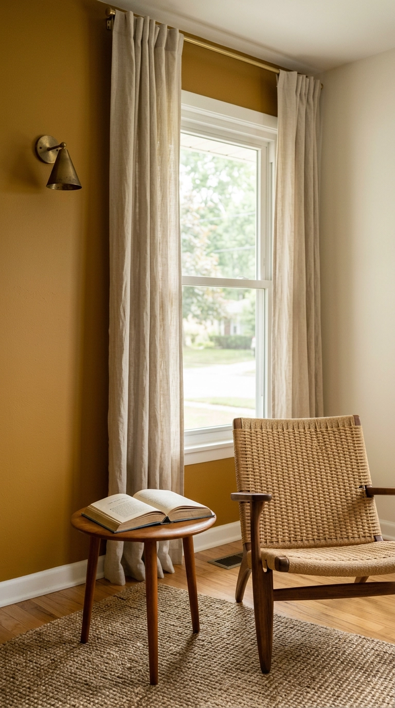 Mustard ochre accent wall behind a Danish cord armchair in a mid century modern living room