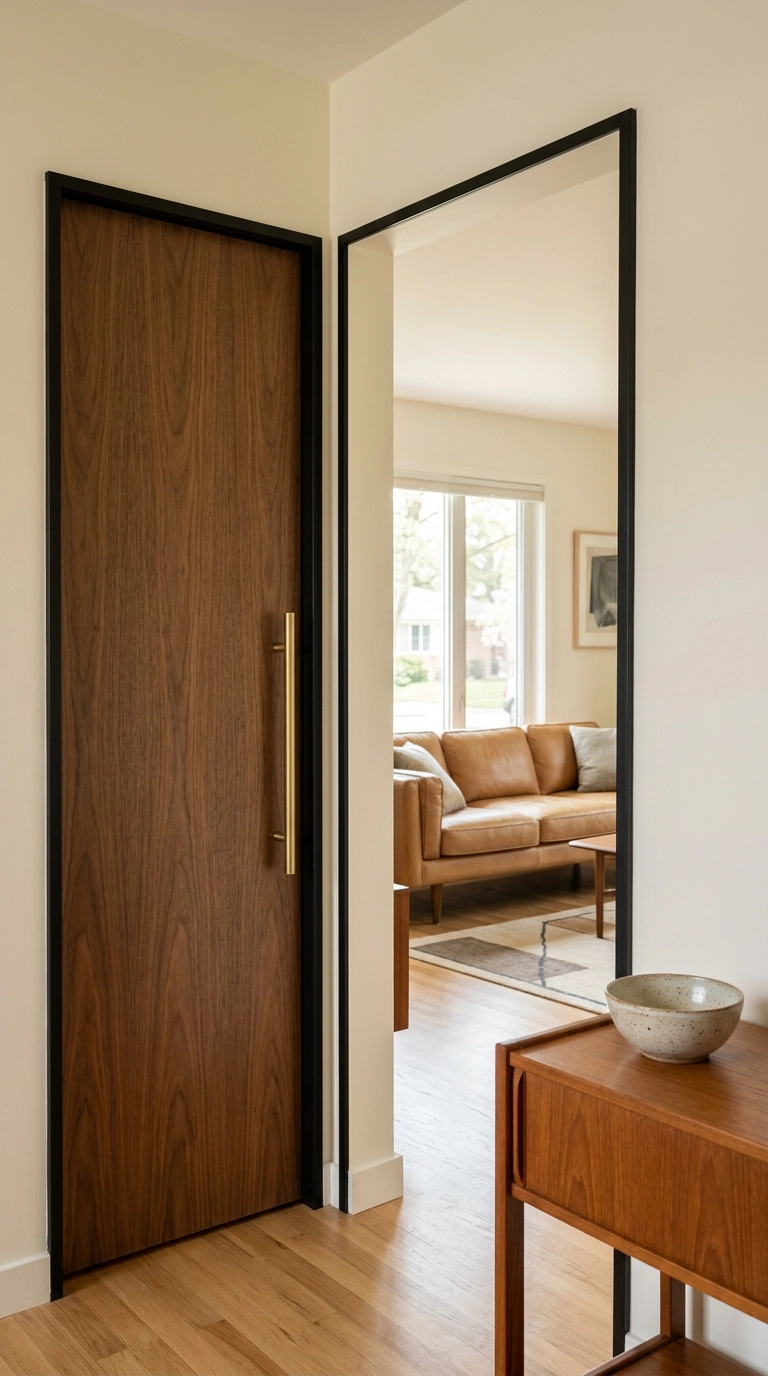 Flat walnut slab door with a long brass tubular pull opening into a mid century living room