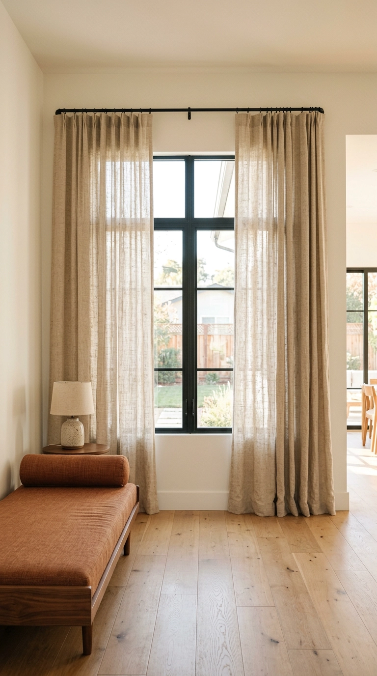 Floor-length nubby oatmeal curtains hung near the ceiling beside a walnut daybed