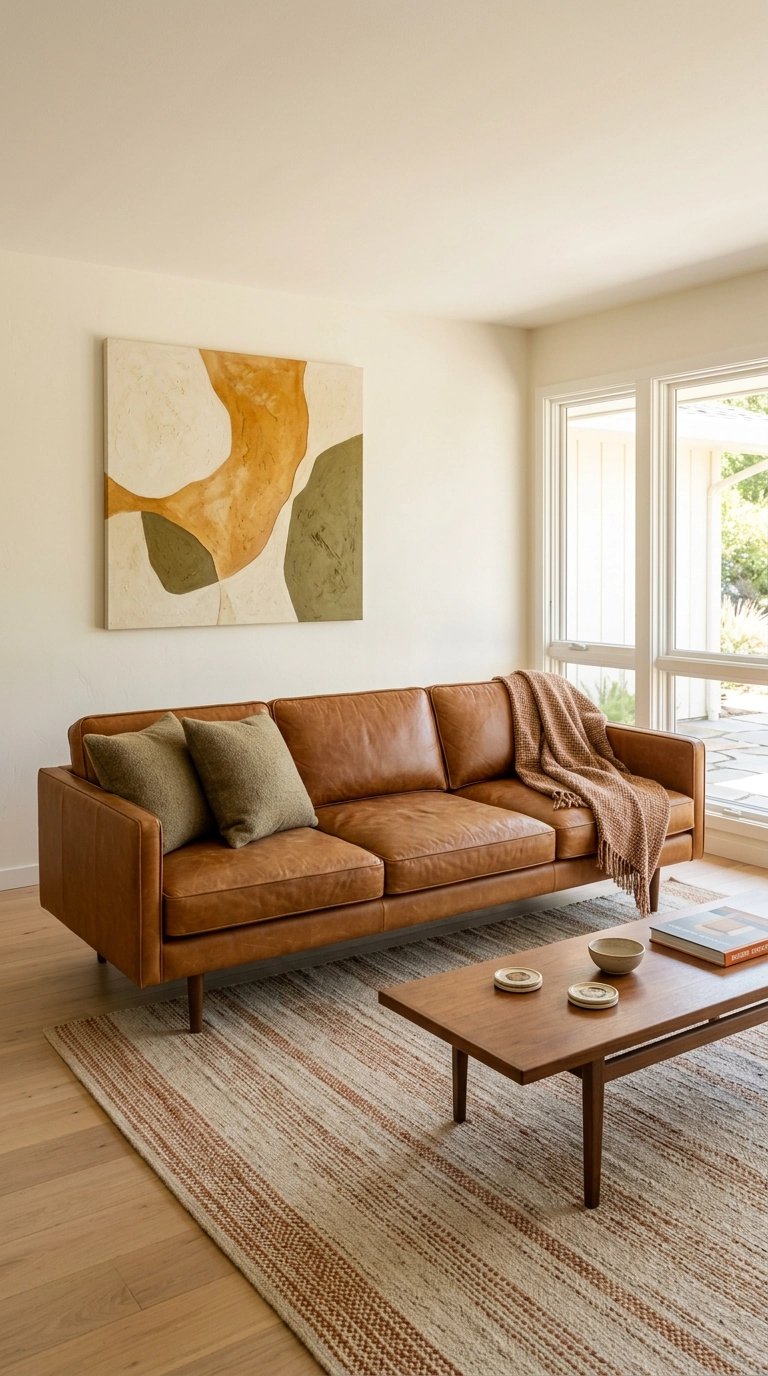 Low caramel leather mid century modern sofa with splayed walnut legs in a bright ranch living room