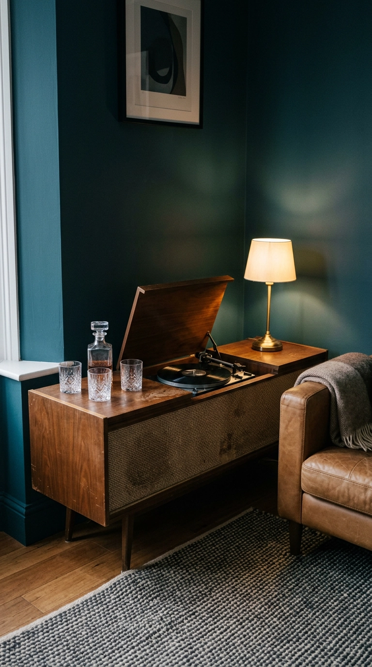 Vintage walnut hi-fi console with a fabric speaker grille used as a bar and turntable station