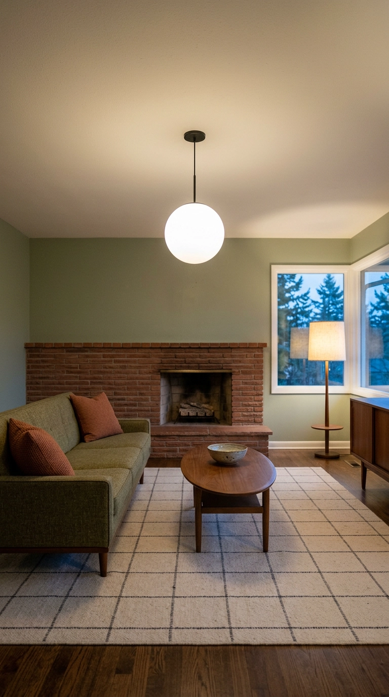 Opal glass globe pendant glowing above an olive tweed sofa in a mid century modern living room