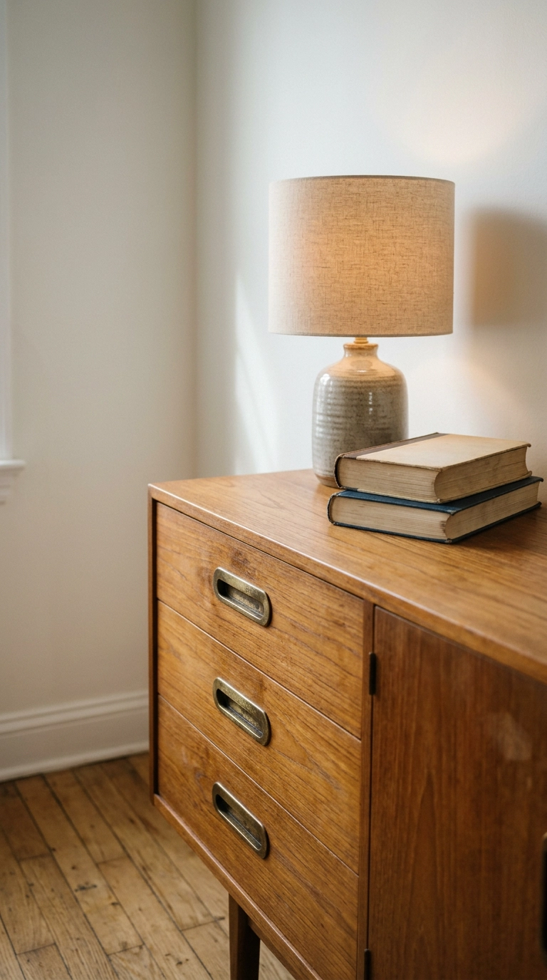 Restored vintage teak sideboard with brass pulls and a ceramic lamp in a rental living room