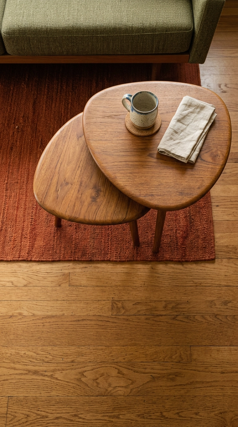 Overhead view of two rounded teak nesting tables with a mug on a rug beside an olive sofa