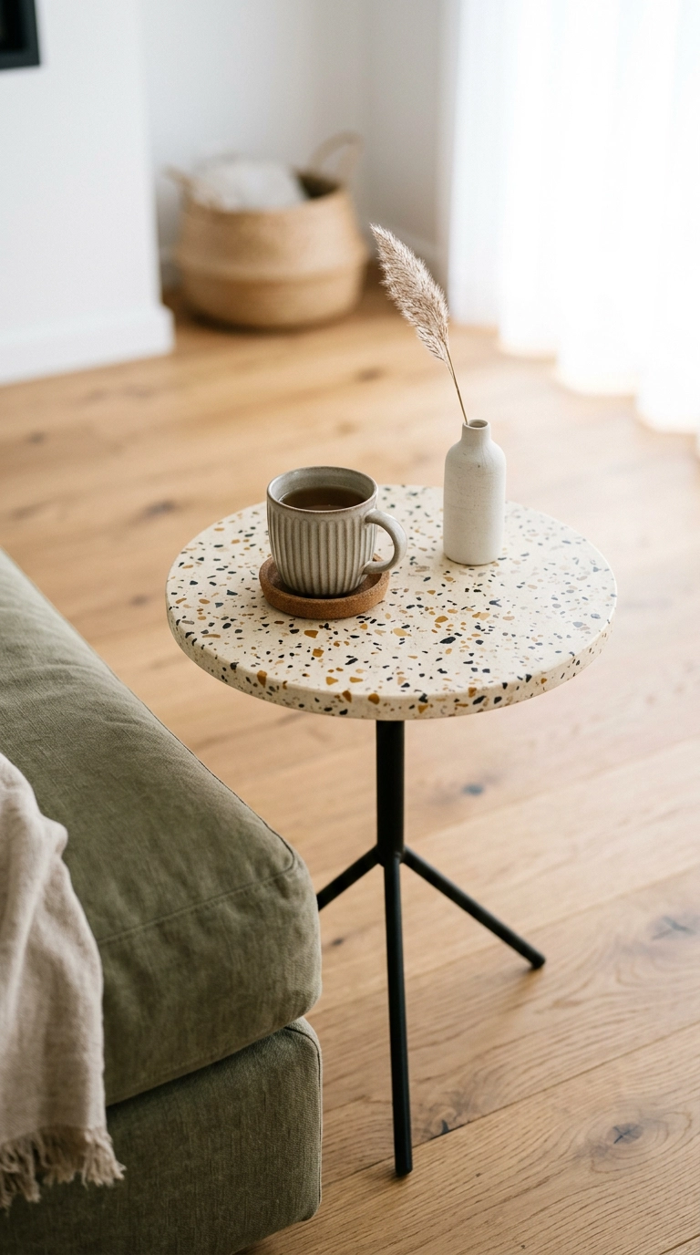 Round terrazzo side table with a mug and dried stem beside an olive linen sofa