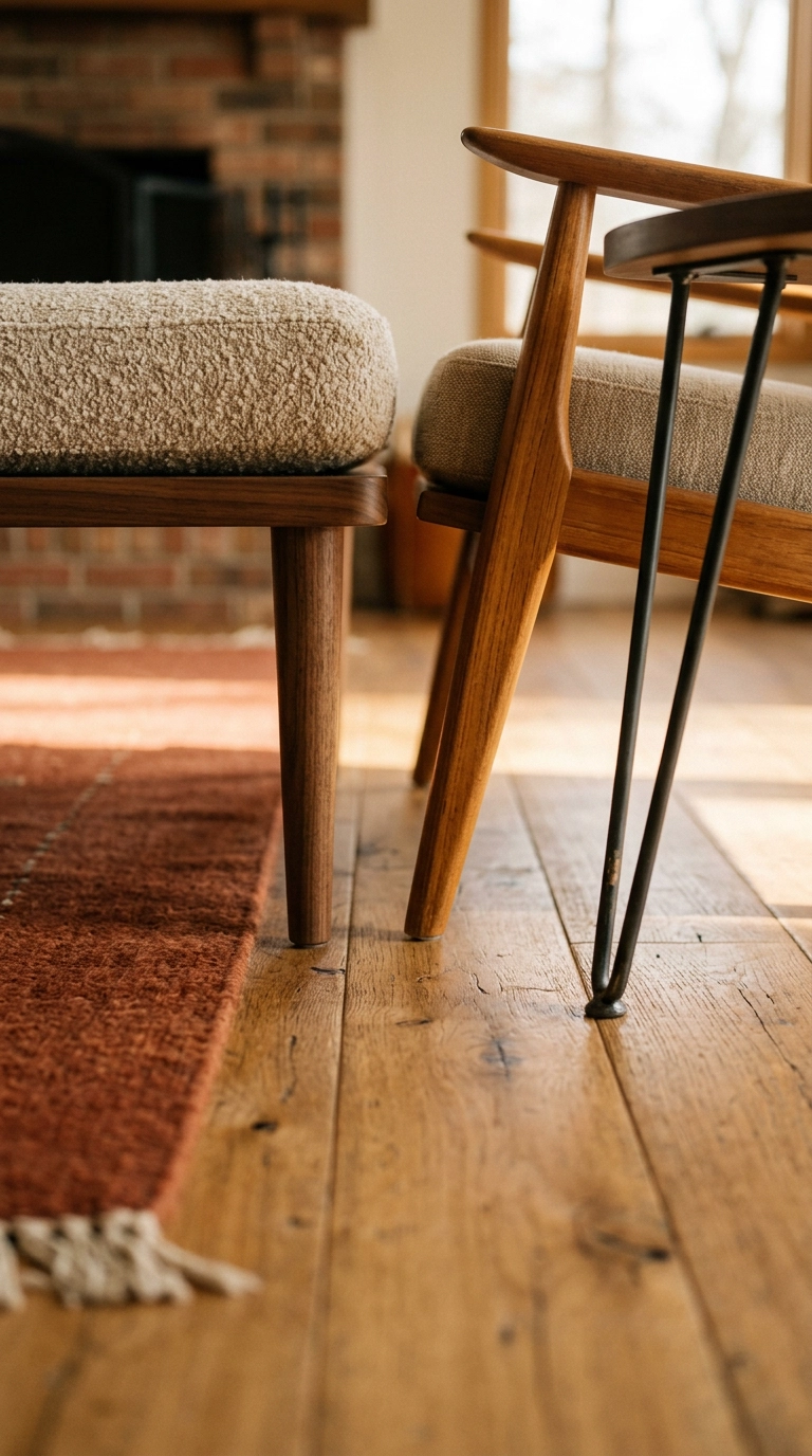 Close-up of tapered walnut, splayed teak, and black hairpin furniture legs on an oak floor