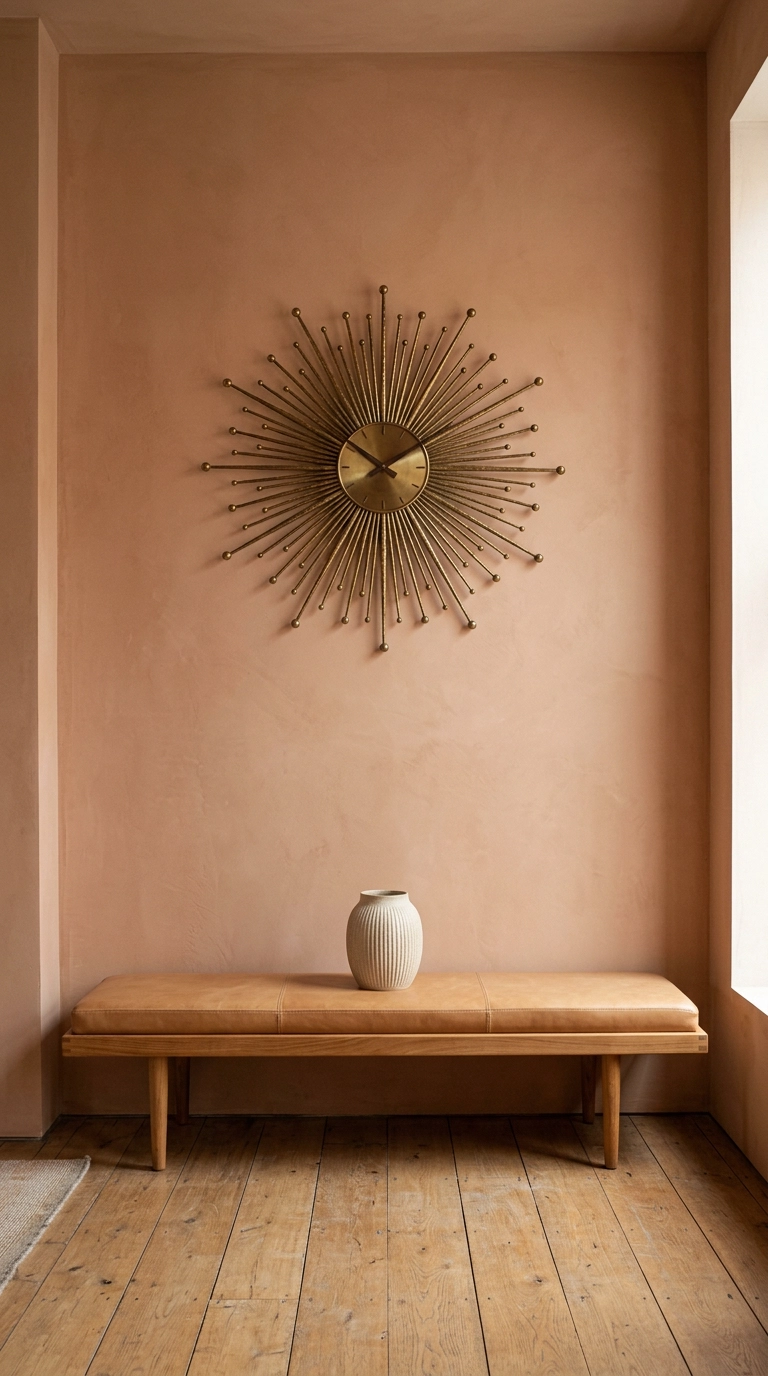 Brass sunburst clock centered on a plaster wall above a low teak bench