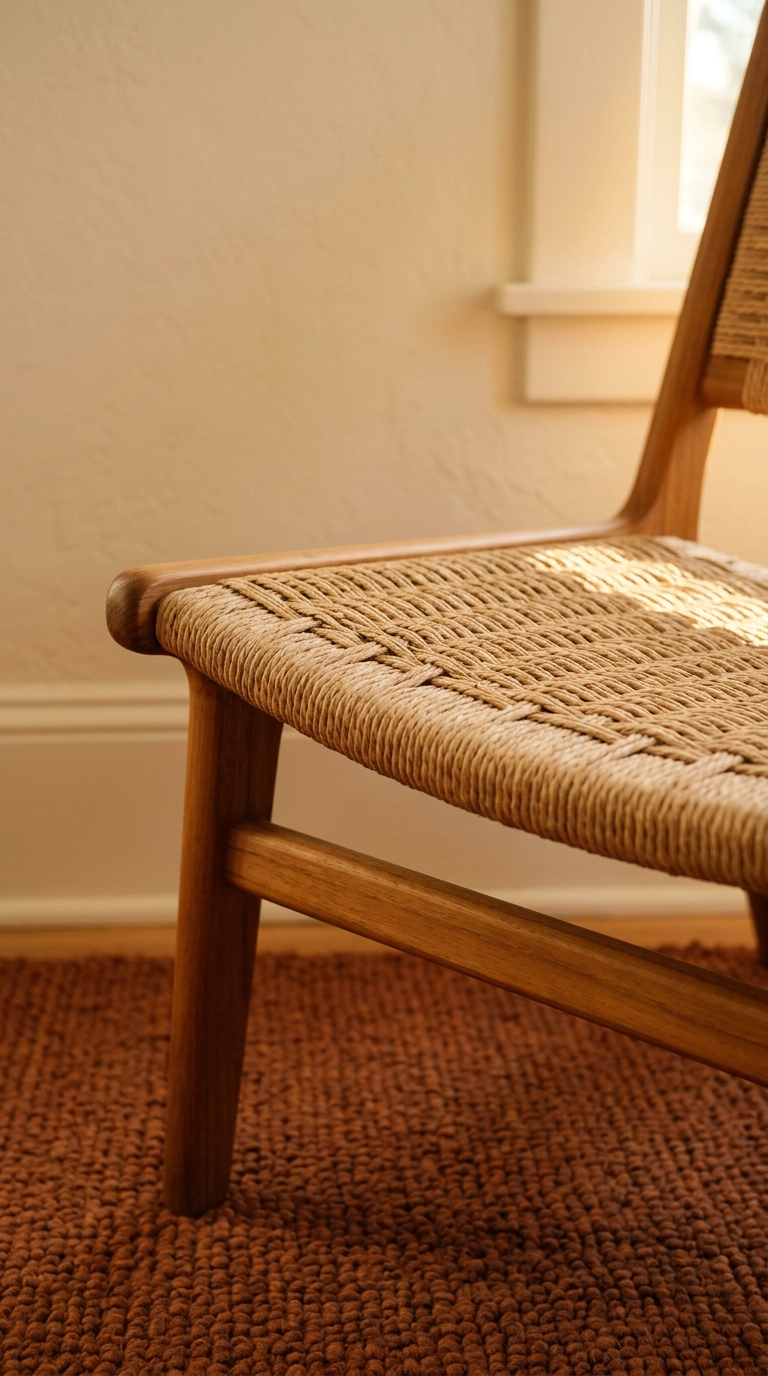 Hand-woven Danish paper cord seat on an oiled teak chair frame in warm afternoon light