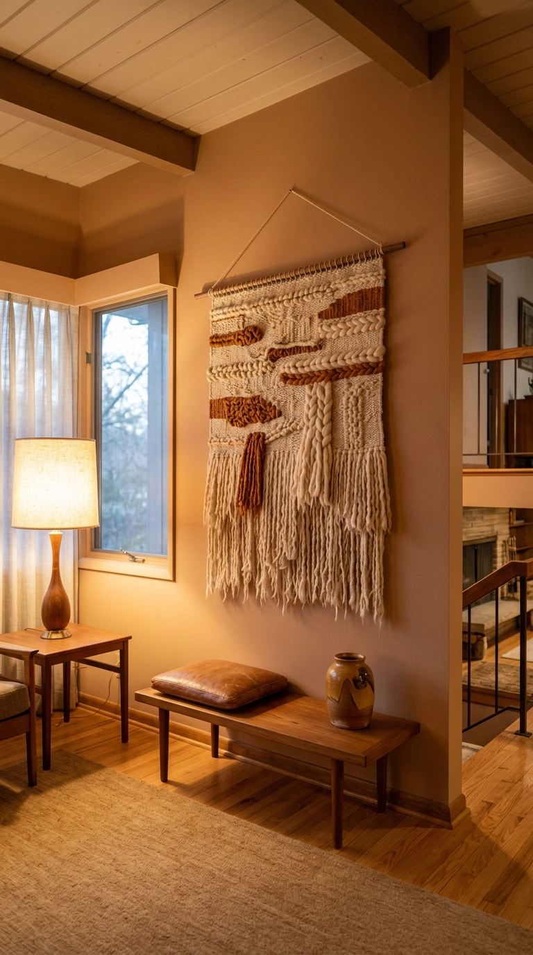 Large cream and rust hand-woven wool wall hanging above a low teak bench in a warm living room