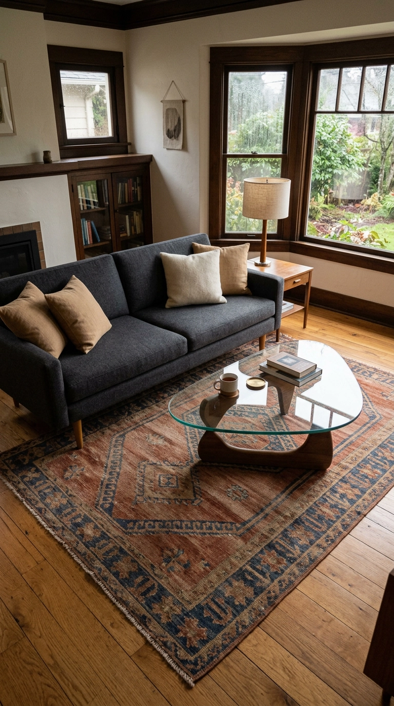 Faded rust and indigo kilim rug under a charcoal sofa in a mid century modern living room