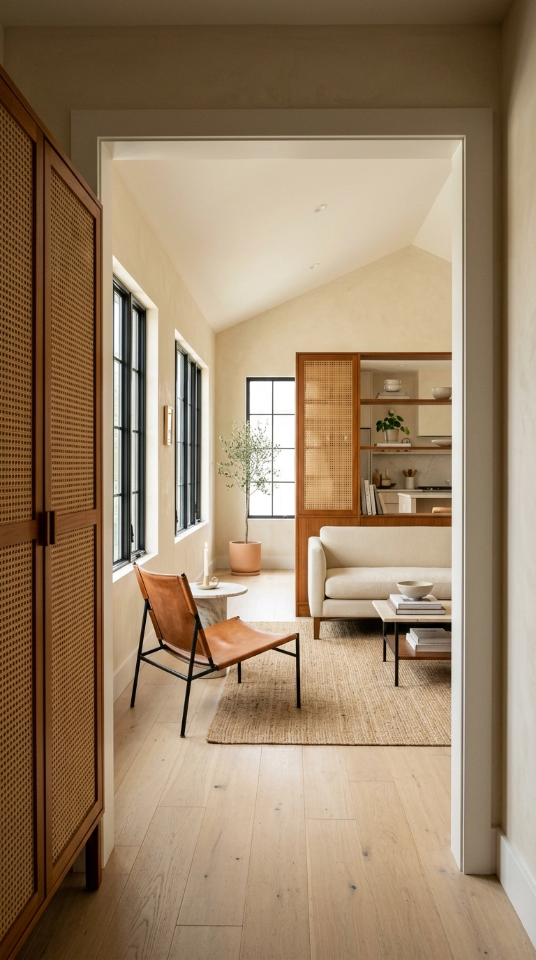 Cane webbing cabinet doors on a teak room divider in a bright open-plan mid century living room