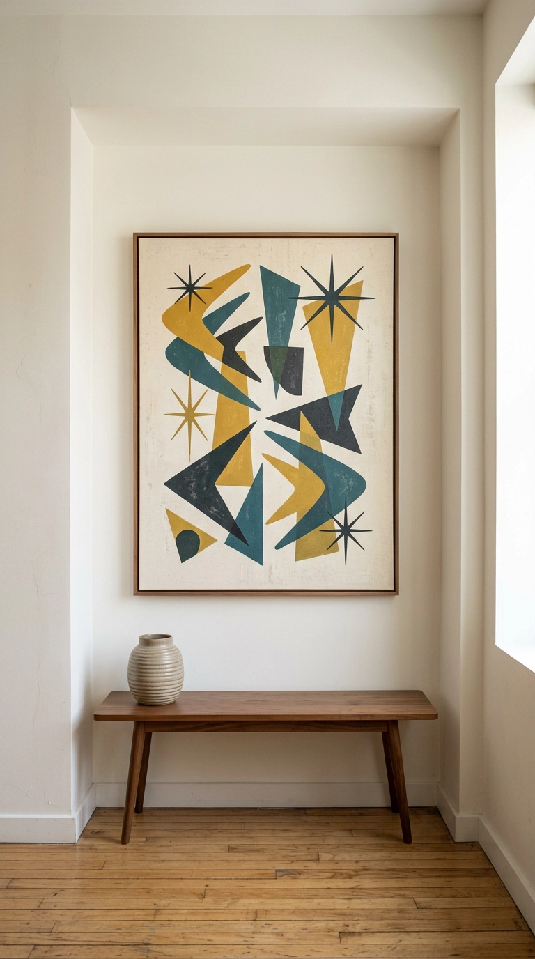 Framed abstract canvas with atomic boomerang and starburst motifs above a slim walnut bench