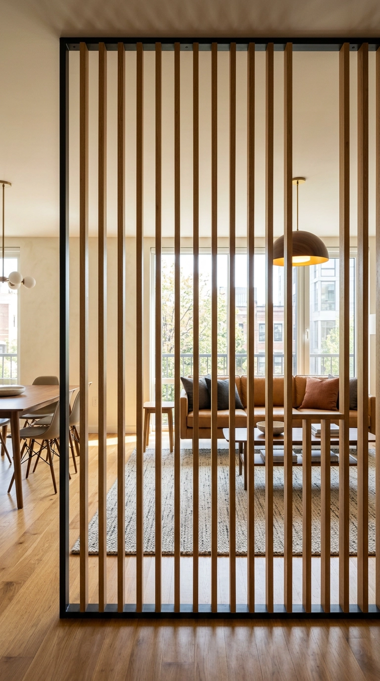 Floor-to-ceiling white oak slat divider separating a living area from a dining area