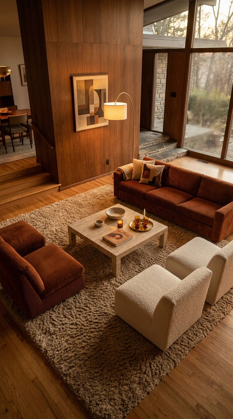 Low rust corduroy sofa and cream chairs arranged in a square around a travertine table
