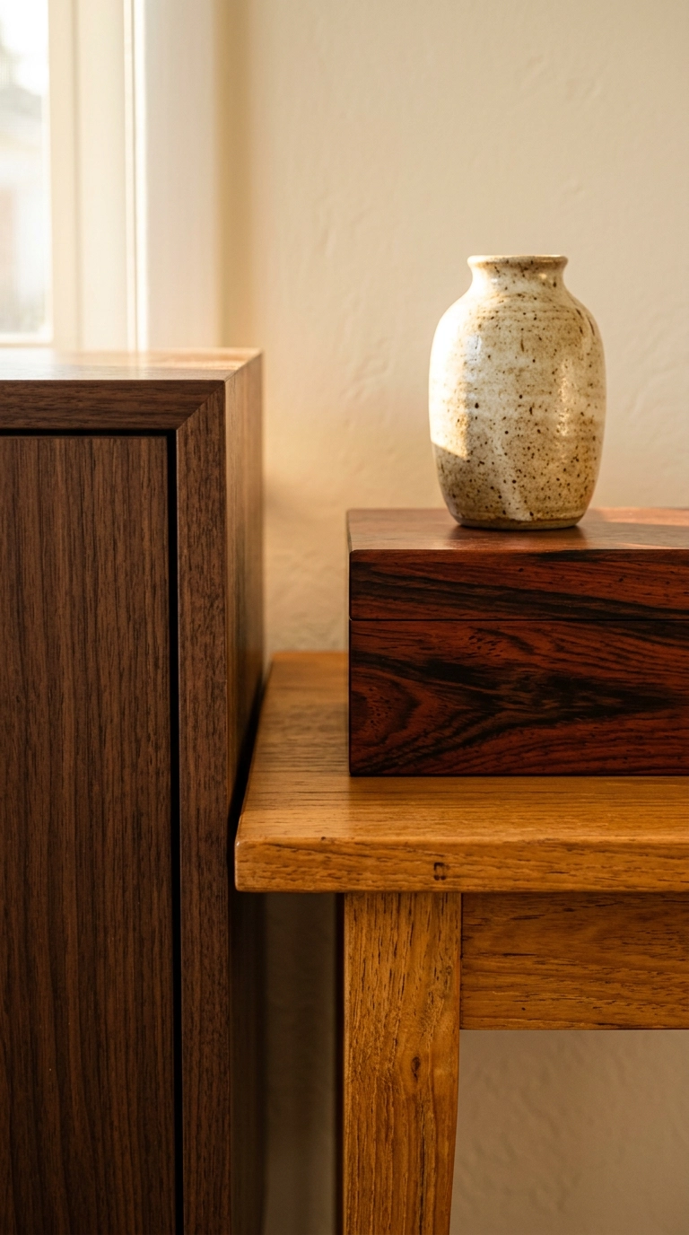Walnut, teak, and rosewood surfaces side by side showing their grain differences