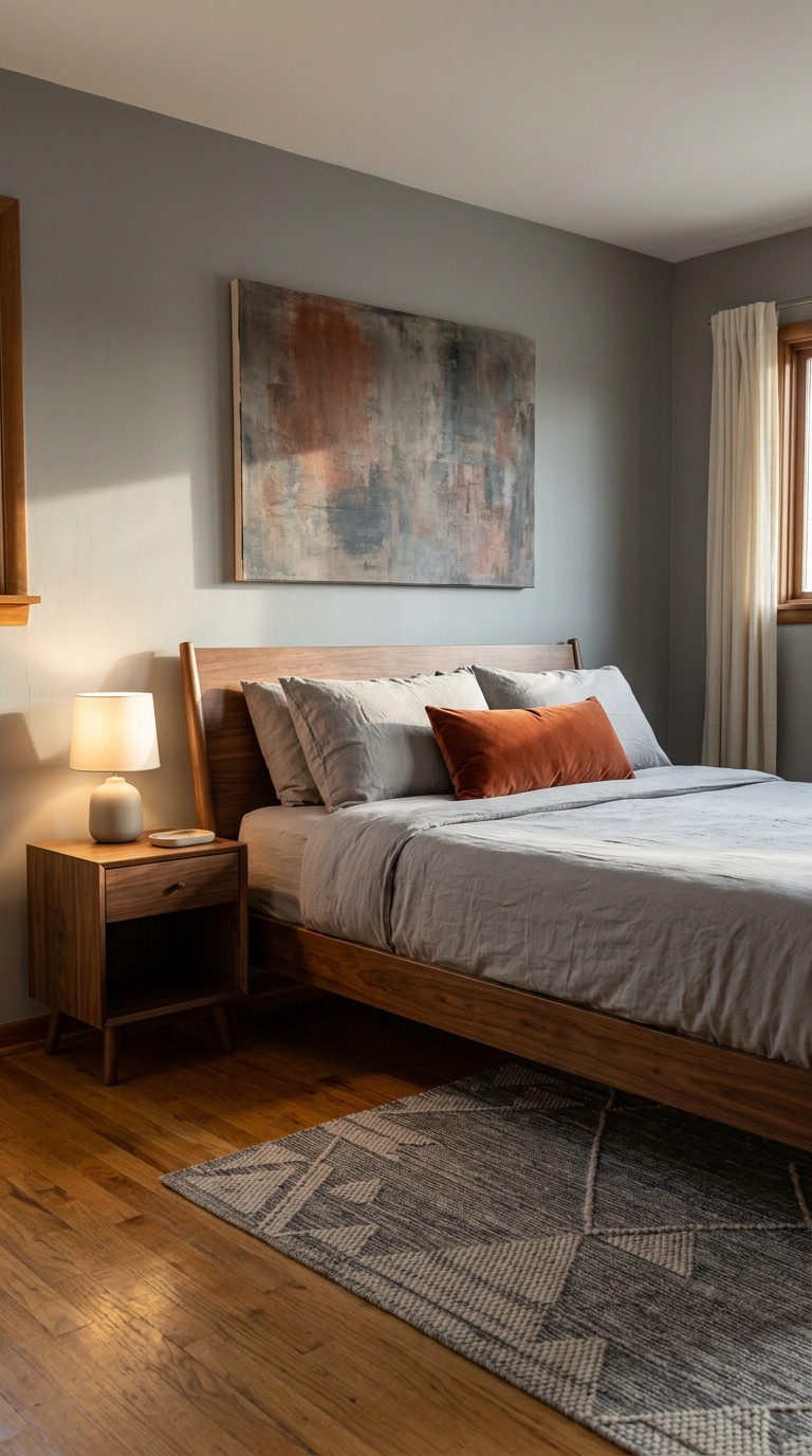 Modern grey bedroom with a burnt rust velvet lumbar pillow and matching rust toned abstract canvas