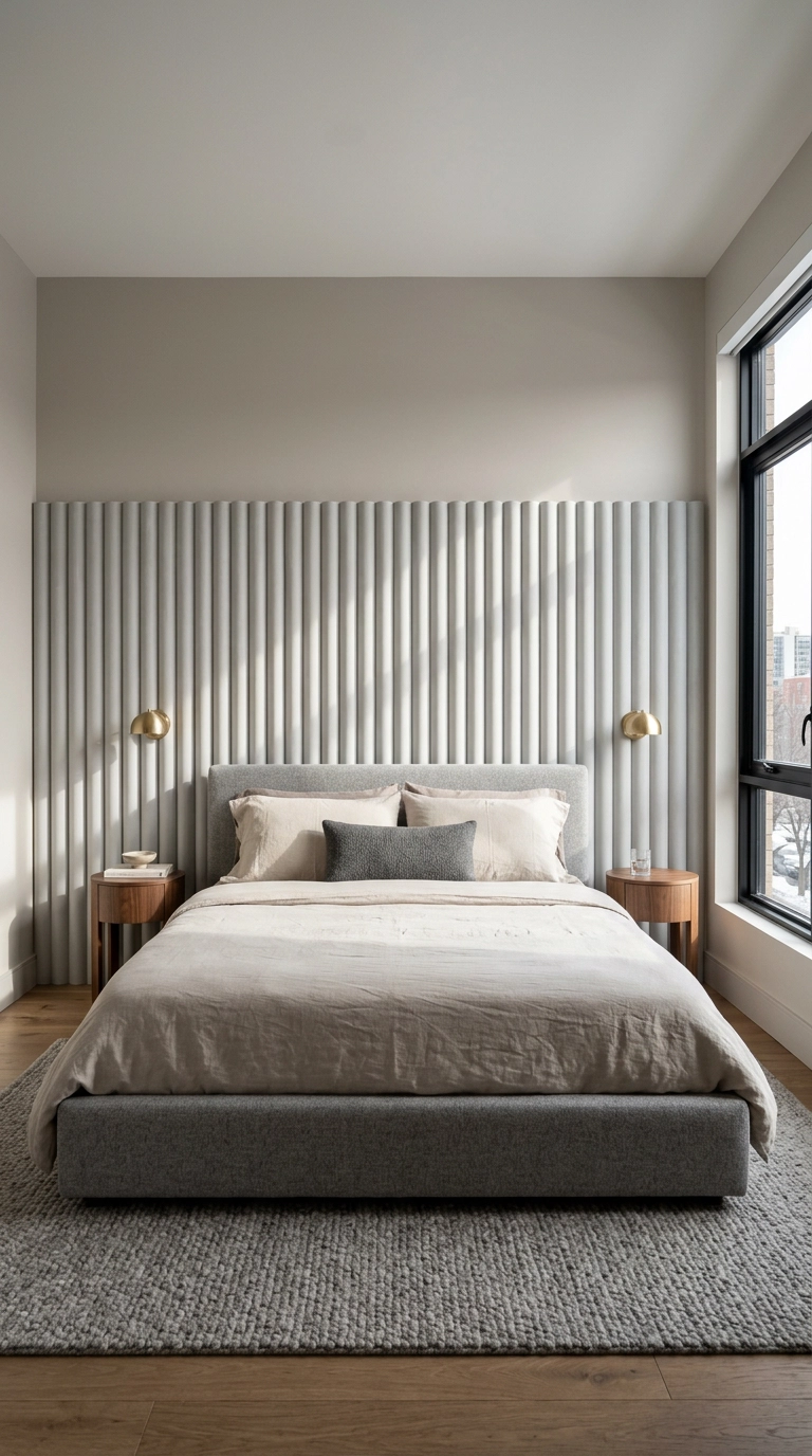 Modern grey bedroom with a vertical fluted dove grey plaster panel wall behind an upholstered bed