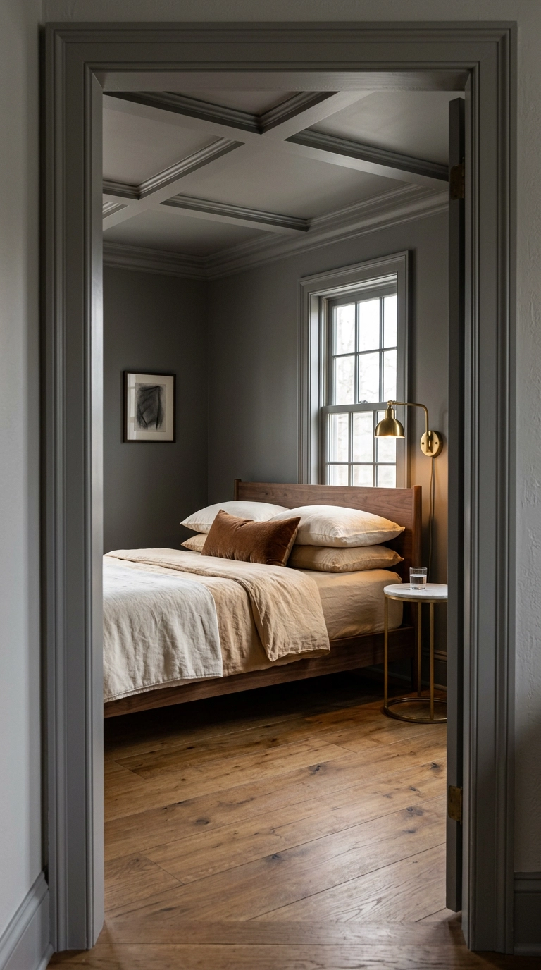 Modern grey bedroom color drenched in warm mid-grey paint on walls trim and ceiling with walnut bed