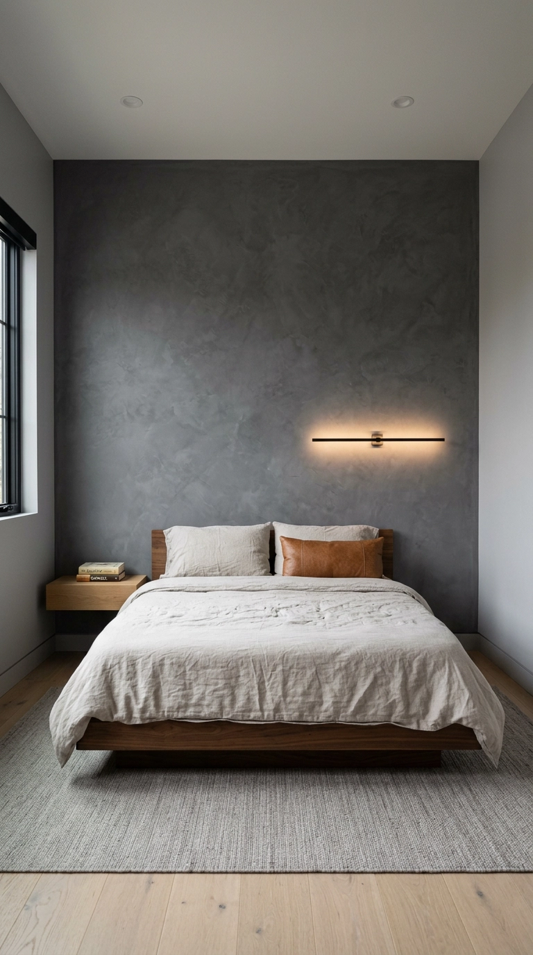 Modern grey bedroom with a charcoal microcement plaster feature wall behind a low walnut platform bed