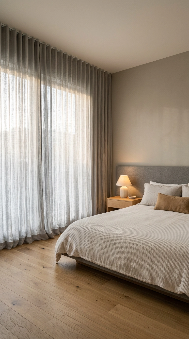 Modern grey bedroom with ceiling-mounted pewter linen curtains running wall to wall behind a low bed