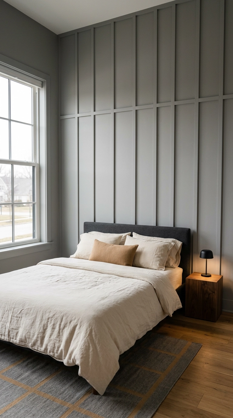 Modern grey bedroom with slim board and batten wall molding painted slate grey behind a low bed