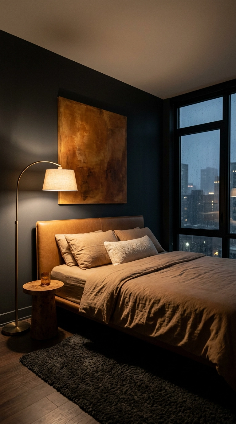 Moody modern grey bedroom in near-black slate paint with a caramel leather headboard and brass floor lamp