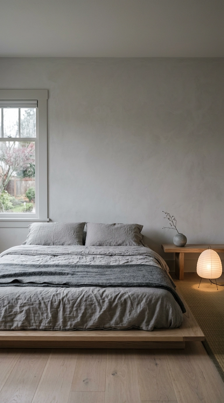 Modern grey Japandi bedroom with a floor-level ash platform bed and chalky pale grey plaster walls