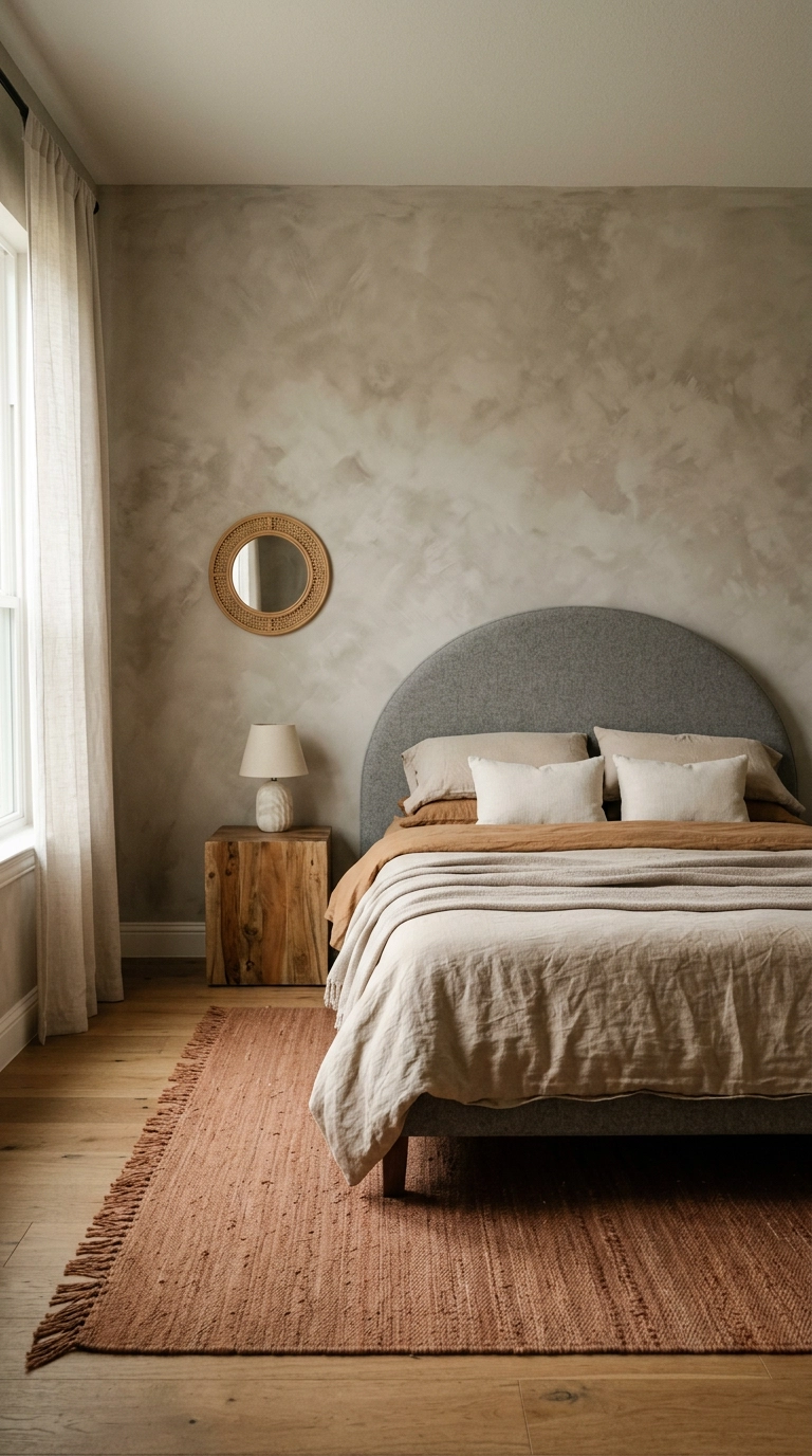 Modern grey bedroom with warm greige limewash plaster walls behind a curved wool upholstered headboard