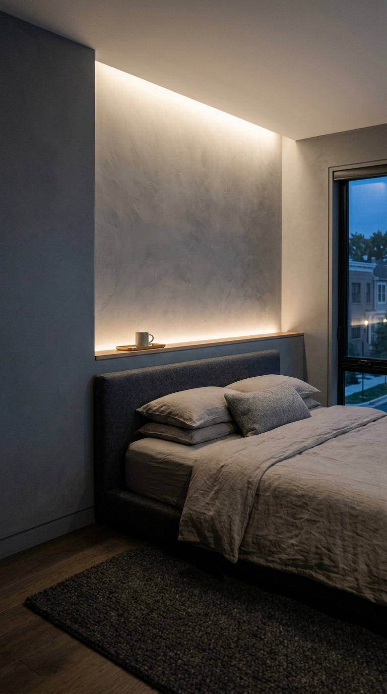 Modern grey bedroom with concealed cove lighting glowing warmly above a low felt headboard at dusk
