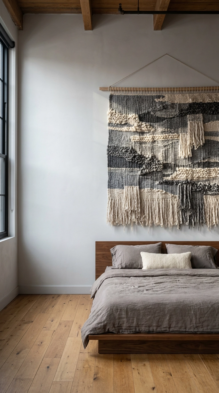 Modern grey bedroom with one oversized handwoven grey and cream wool textile hanging above a walnut bed