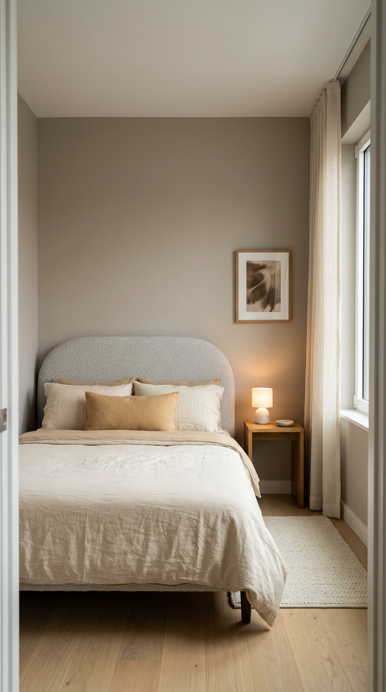 Small modern grey bedroom in warm greige with boucle headboard and warm lamp light in north-facing light