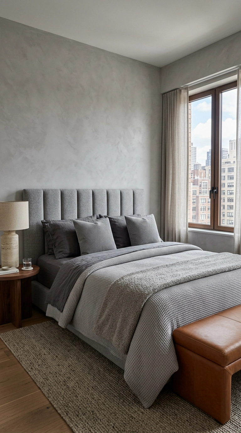 Modern grey bedroom bed layered in waffle, linen and boucle textures in tonal shades of grey