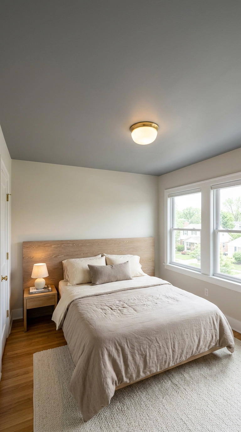 Modern grey bedroom with a soft mid-grey painted ceiling above pale greige walls and cerused oak headboard
