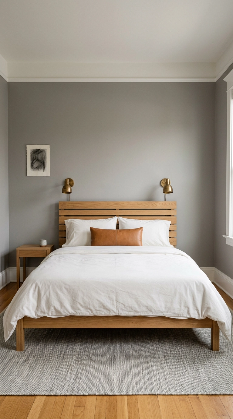 Modern grey bedroom in warm mid-grey paint with white oak slatted bed and unlacquered brass sconces
