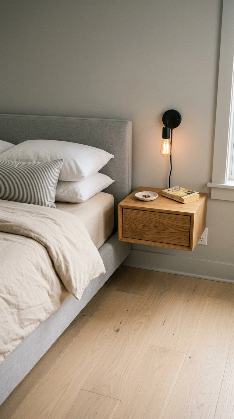 Modern grey bedroom with a floating white oak nightstand and clear open floor beneath it