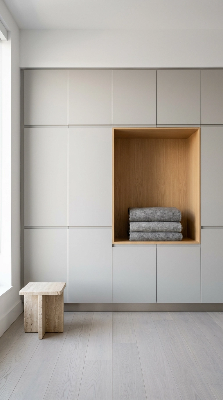 Modern grey bedroom wall of handleless flat-front wardrobes in ash grey with a warm oak open bay
