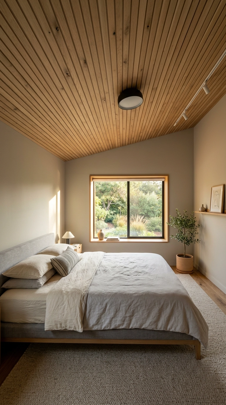 Modern grey bedroom with white oak slatted ceiling detail warming greige walls above a low bed