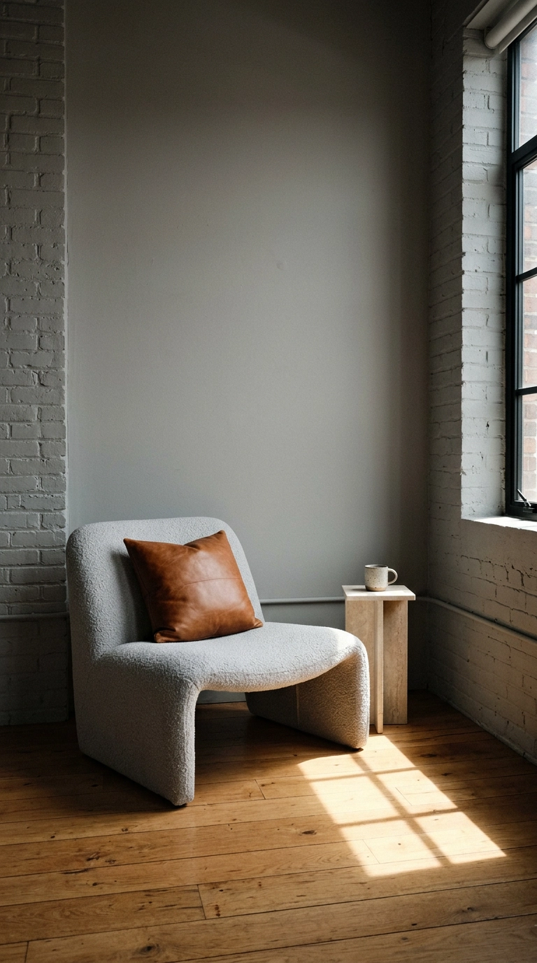 Modern grey bedroom corner with one sculptural dove grey boucle lounge chair and a travertine side table