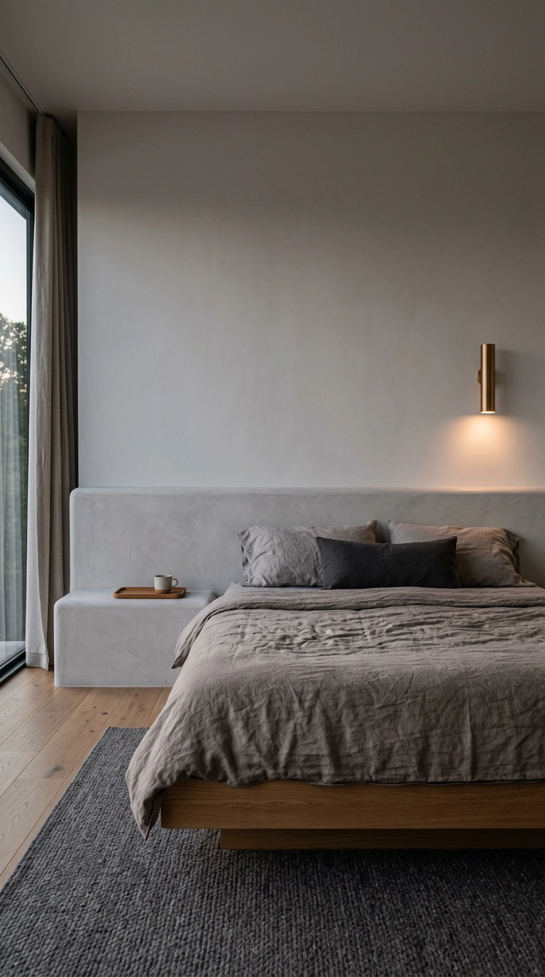 Modern grey bedroom with a full-width ash grey plaster ledge behind the bed replacing nightstands