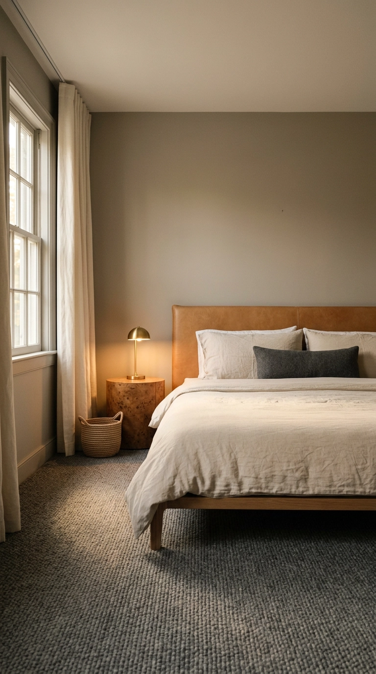 Modern grey bedroom with wall to wall slate grey wool carpet and a tan leather headboard in evening light