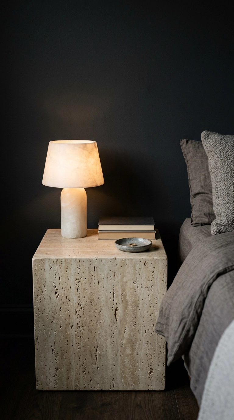 Modern grey bedroom nightstand vignette with a travertine block table against a charcoal wall