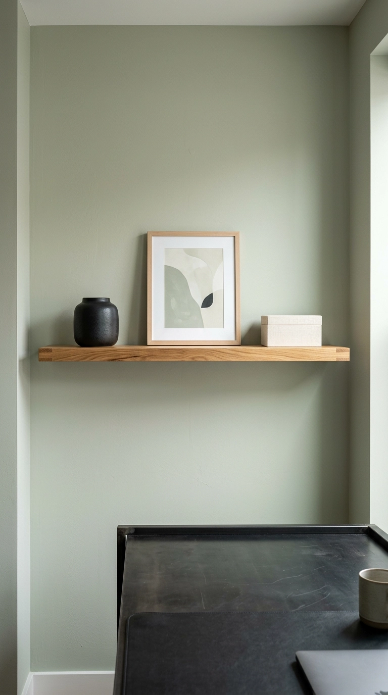 White oak floating shelf styled with three objects above a modern home office desk