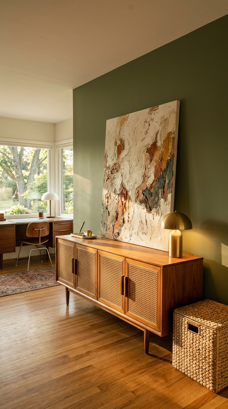 Low teak credenza with cane doors providing closed storage in a modern home office