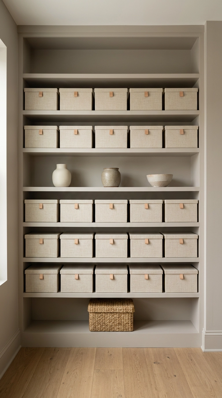 Storage wall of matching ivory linen boxes in a modern home office