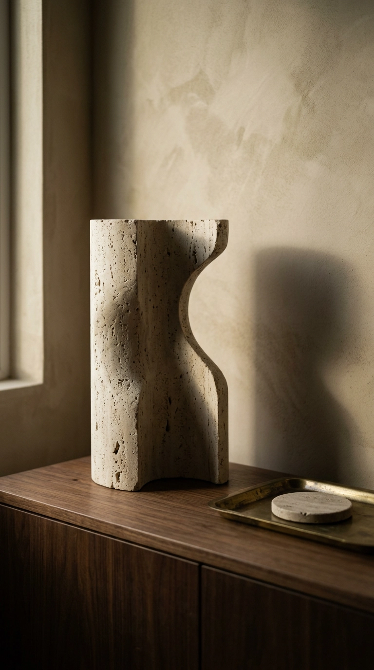 Large cream travertine sculptural object on a walnut credenza in a modern home office
